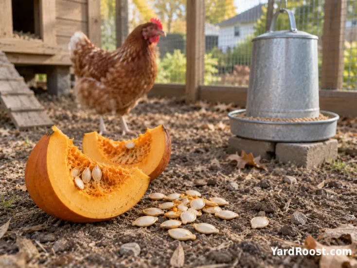 Plain pumpkin seeds scattered beside chopped pumpkin pieces in an Ohio backyard chicken run.