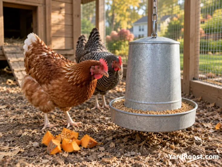 A small portion of pumpkin pieces beside a poultry feeder filled with complete chicken feed.