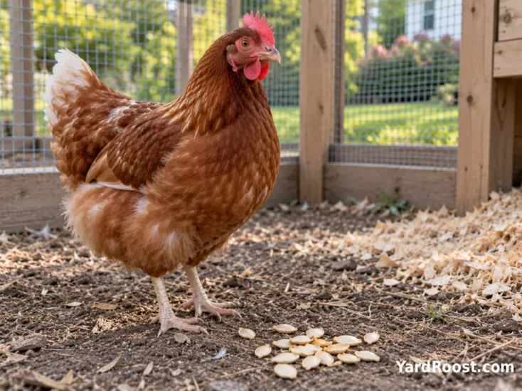 A healthy hen standing beside pumpkin seeds in a clean run with no treatment products present.