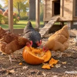 Several backyard hens pecking a freshly opened pumpkin in a secure Ohio chicken run.