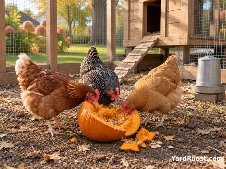 Several backyard hens pecking a freshly opened pumpkin in a secure Ohio chicken run.